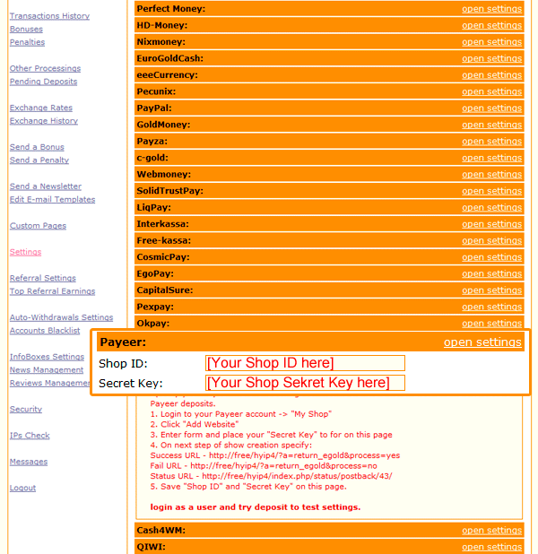 HYIP Manager Pro - Enter Payeer Merchant Settings