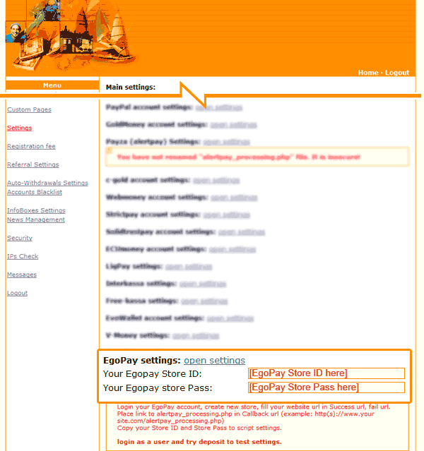 HYIP Manager Pro - EgoPay Settings