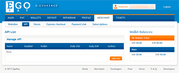 HYIP Manager Pro - EgoPay API page