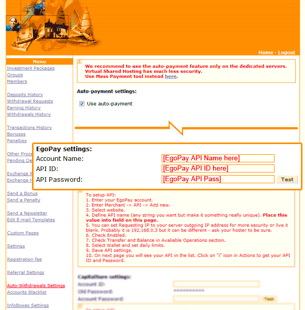 HYIP Manager Pro - Enter EgoPay API settings